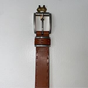 Brown Leather Belt with Silver Brass Buckle Embroidered Stitched edging 32